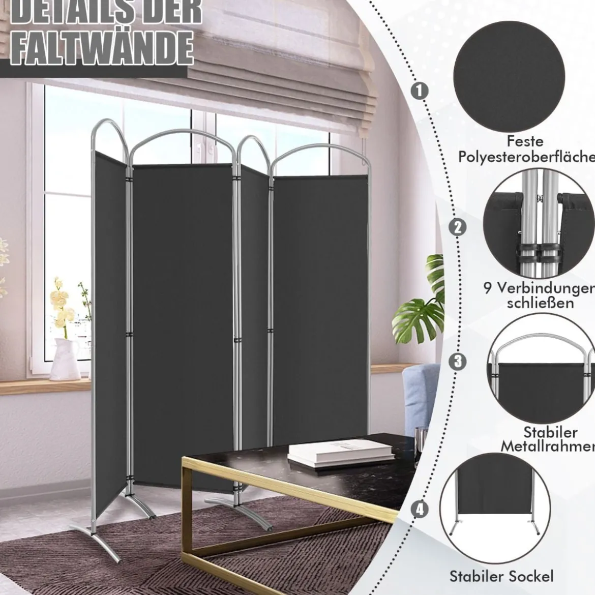 Klappbarer Raumteiler mit 4 Paneelen Trennwand für Zuhause 221 x 51 x 188 cm