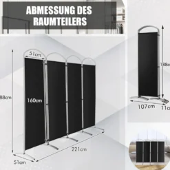 Klappbarer Raumteiler mit 4 Paneelen Trennwand für Zuhause 221 x 51 x 188 cm