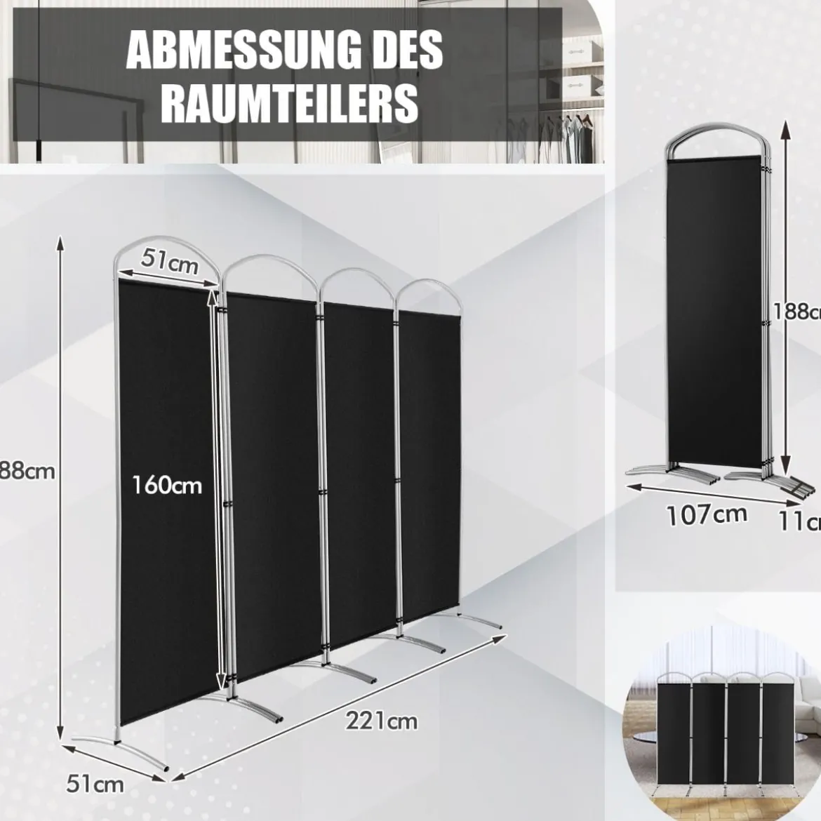 Klappbarer Raumteiler mit 4 Paneelen Trennwand für Zuhause 221 x 51 x 188 cm