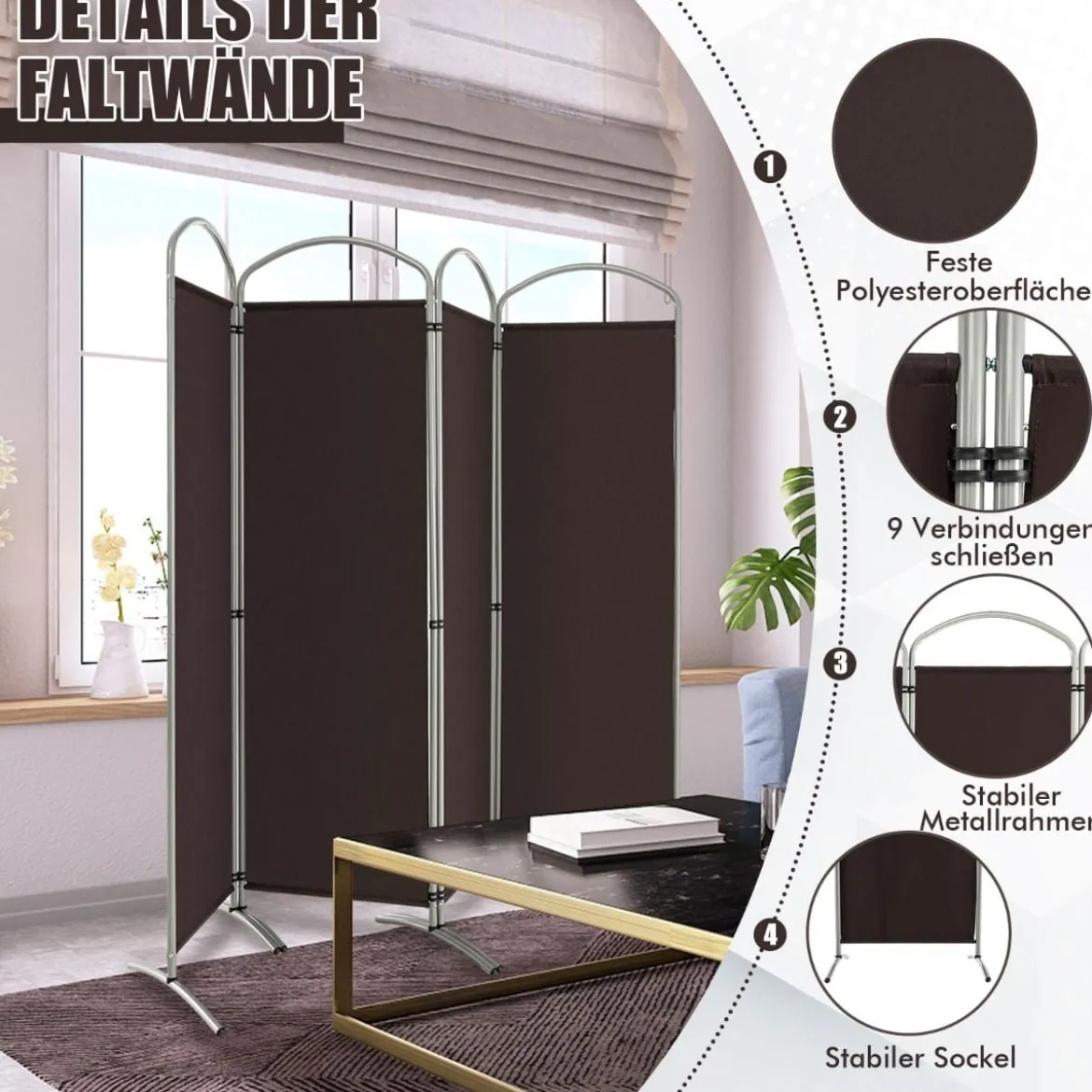 Klappbarer Raumteiler mit 4 Paneelen Trennwand für Zuhause 221 x 51 x 188 cm