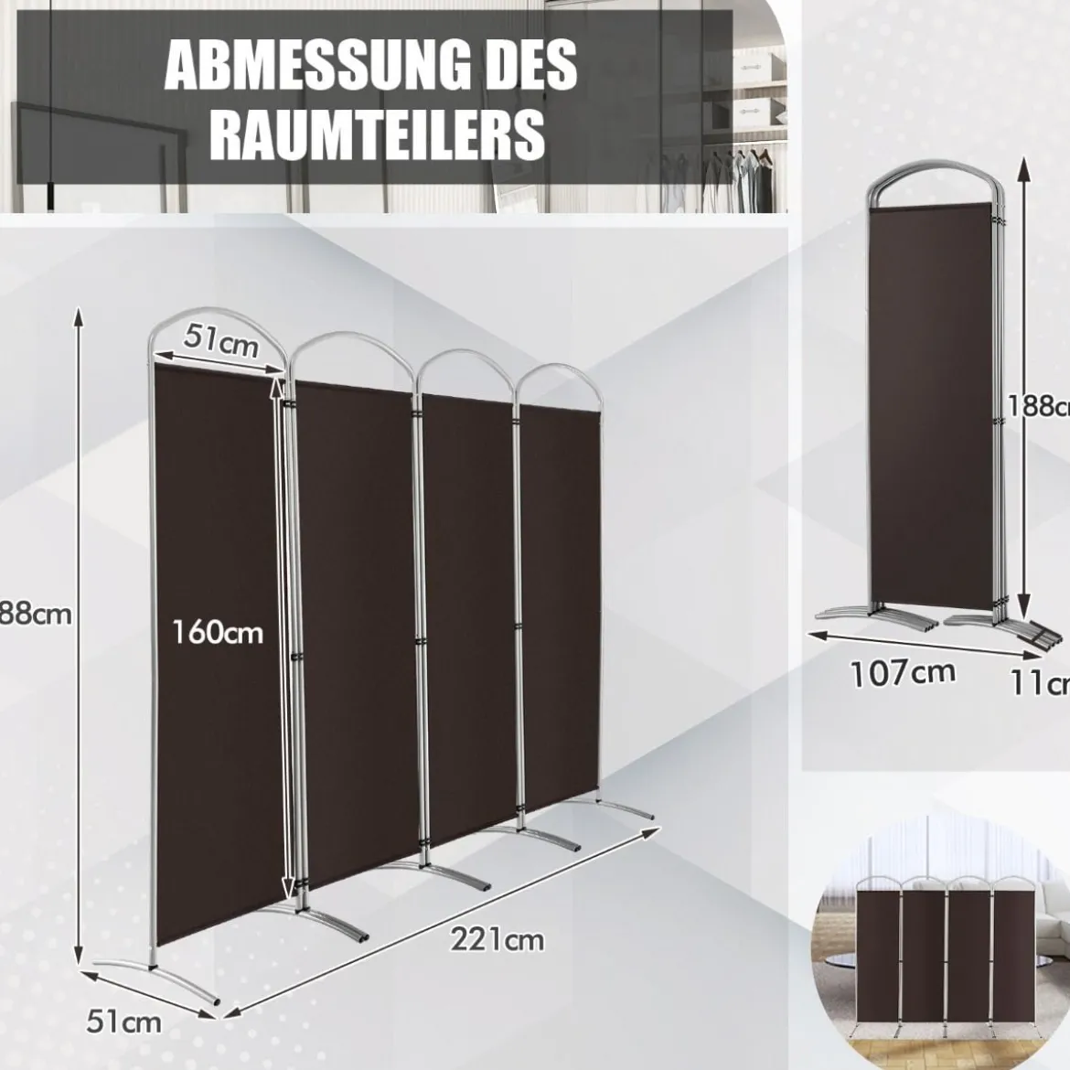 Klappbarer Raumteiler mit 4 Paneelen Trennwand für Zuhause 221 x 51 x 188 cm
