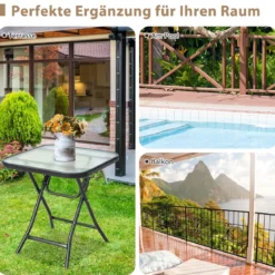 Klappbarer Terrassen-Beistelltisch Quadratischer Glastisch mit Rostfreiem Rahmen Schwarz