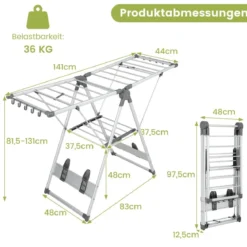 Klappbarer Wäscheständer mit 5-stufiger Höhenverstellung & 21 Wäschestangen & 10 Seitenklammern