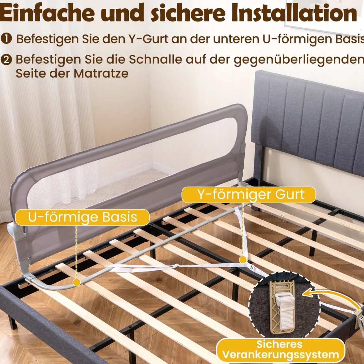 Klappbares Bettgitter für Kleinkinder verstellbares Baby-Bettgitter mit abnehmbarem Oxford-Stoffbezug Grau 178 cm x 36 cm x 60 cm