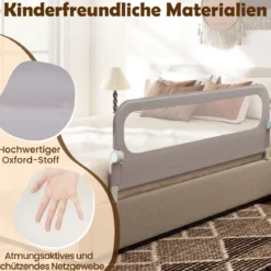 Klappbares Bettgitter für Kleinkinder verstellbares Baby-Bettgitter mit abnehmbarem Oxford-Stoffbezug Grau 178 cm x 36 cm x 60 cm