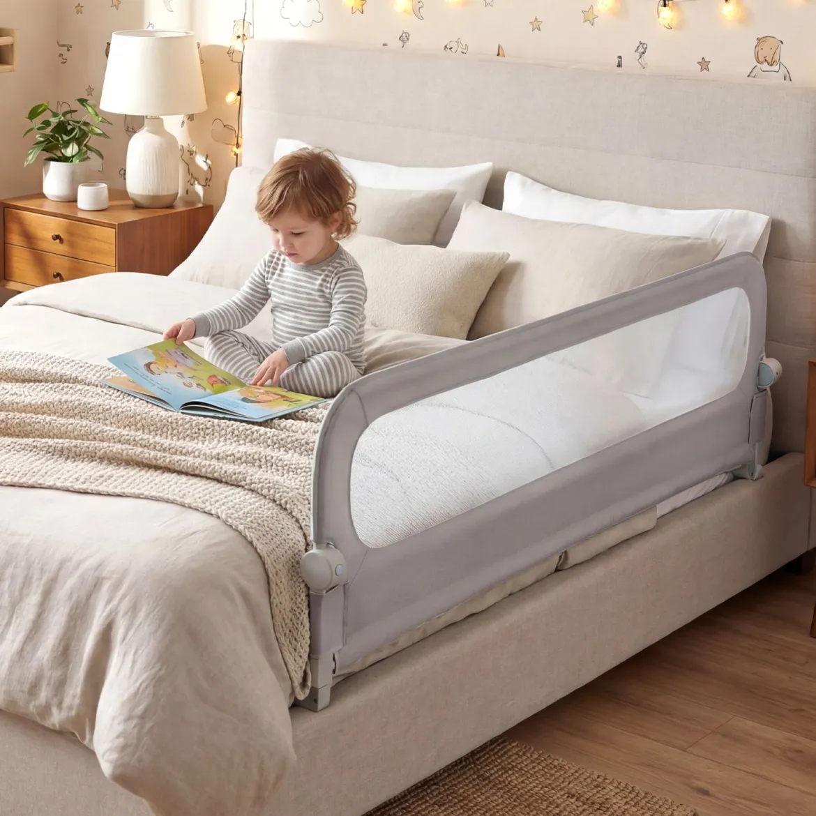 Klappbares Bettgitter für Kleinkinder verstellbares Baby-Bettgitter mit abnehmbarem Oxford-Stoffbezug Grau 178 cm x 36 cm x 60 cm