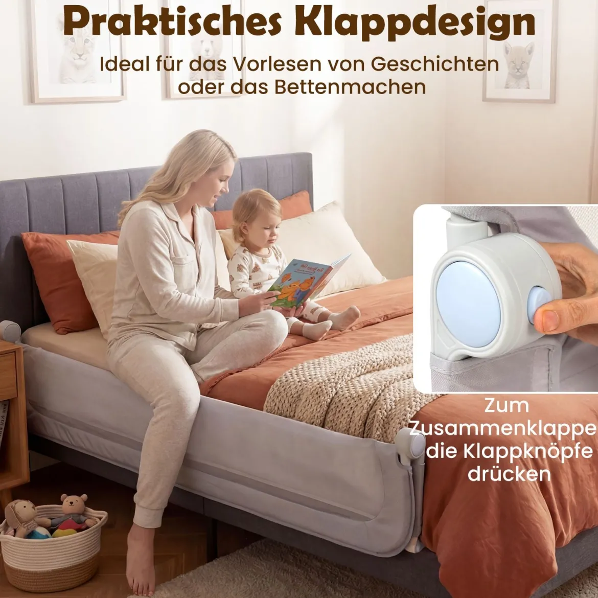 Klappbares Bettgitter für Kleinkinder verstellbares Baby-Bettgitter mit abnehmbarem Oxford-Stoffbezug Grau 178 cm x 36 cm x 60 cm