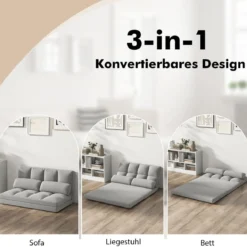 Klappbares Bodensofa 3 in 1 Schlafsofa mit Schlaffunktion und Verstellbarer Rückenlehne Hellgrau