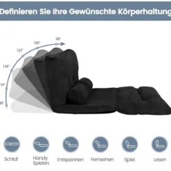Klappbares Bodensofa Sofabett mit 2 Kissen & Rückenlehne 6-stufig Einstellbares Bodensessel Schwarz