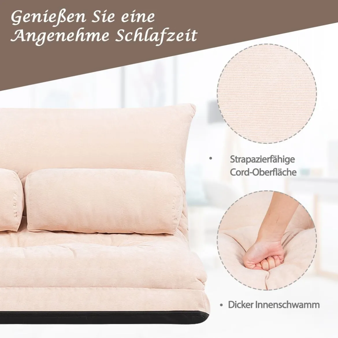 Klappbares Bodensofa Sofabett mit 2 Kissen & Rückenlehne 6-stufig Einstellbares Bodensessel Beige