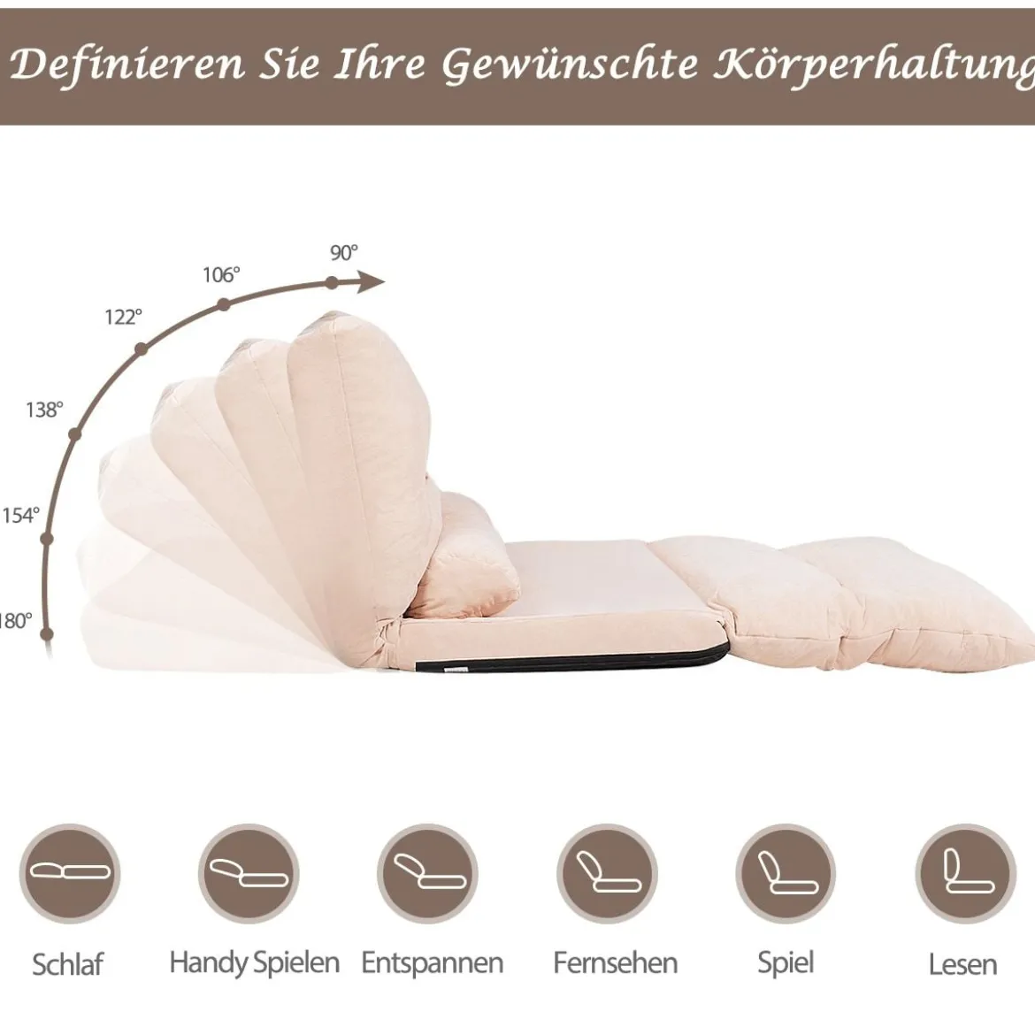 Klappbares Bodensofa Sofabett mit 2 Kissen & Rückenlehne 6-stufig Einstellbares Bodensessel Beige