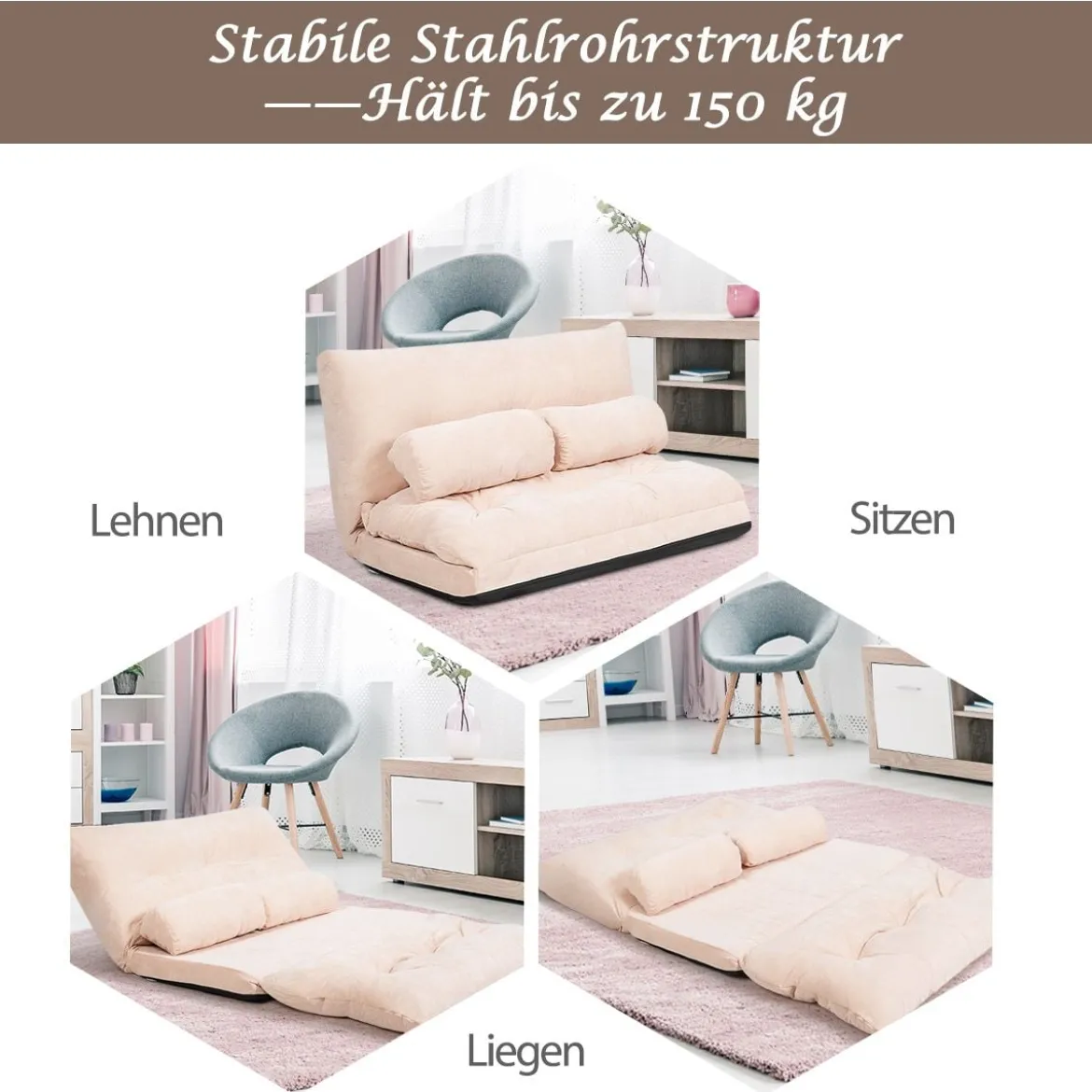 Klappbares Bodensofa Sofabett mit 2 Kissen & Rückenlehne 6-stufig Einstellbares Bodensessel Beige