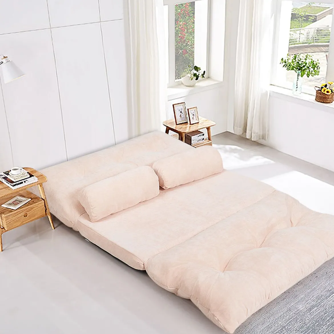 Klappbares Bodensofa Sofabett mit 2 Kissen & Rückenlehne 6-stufig Einstellbares Bodensessel Beige