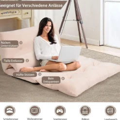 Klappbares Bodensofa Sofabett mit 2 Kissen & Rückenlehne 6-stufig Einstellbares Bodensessel Beige