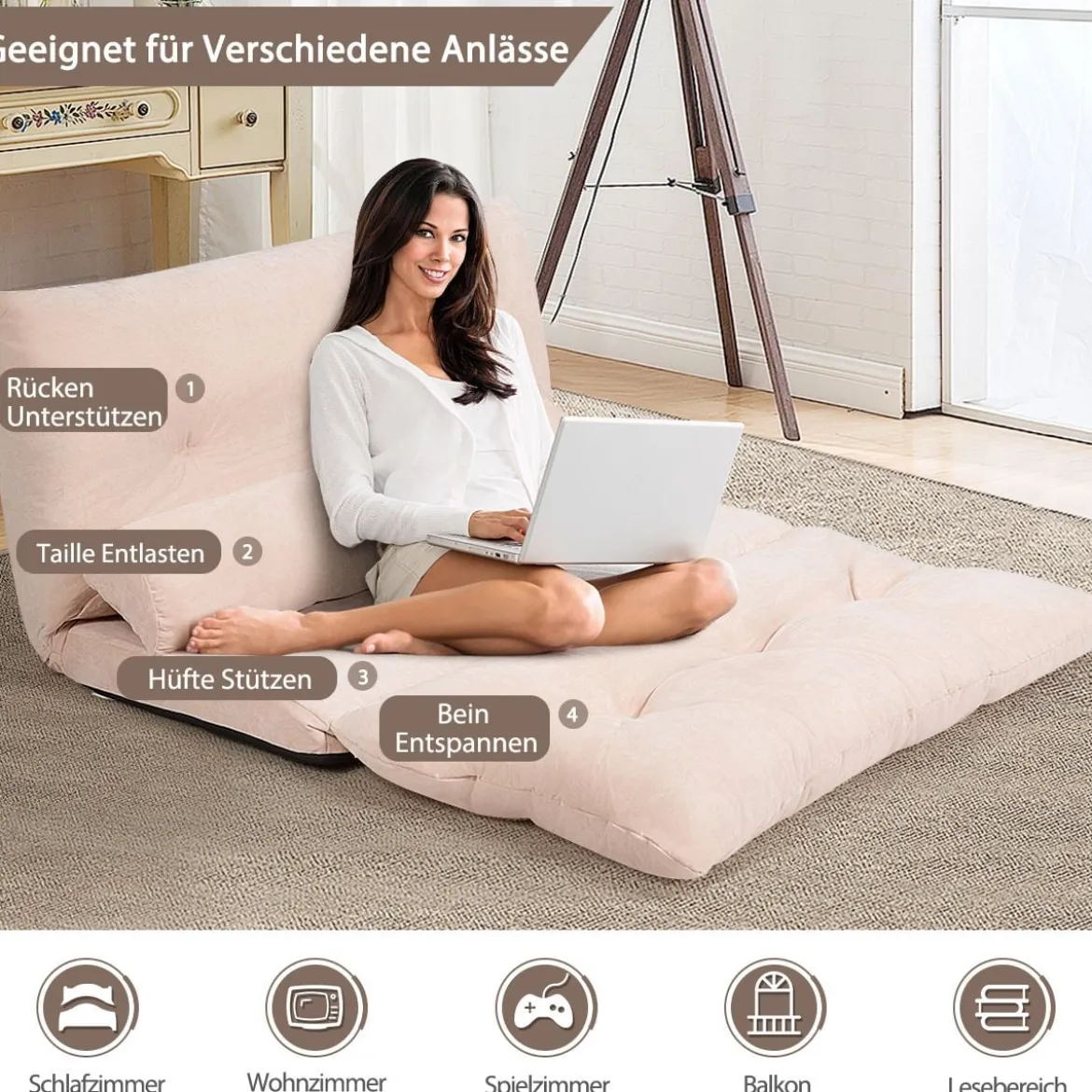 Klappbares Bodensofa Sofabett mit 2 Kissen & Rückenlehne 6-stufig Einstellbares Bodensessel Beige