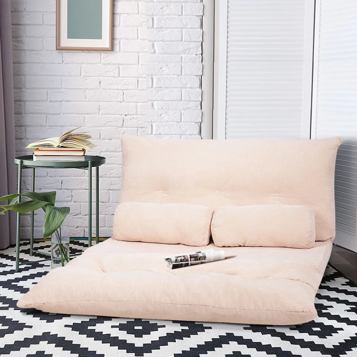 Klappbares Bodensofa Sofabett mit 2 Kissen & Rückenlehne 6-stufig Einstellbares Bodensessel Beige