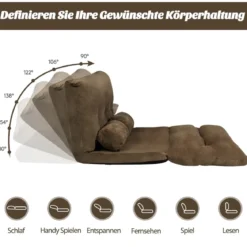 Klappbares Bodensofa Sofabett mit 2 Kissen & Rückenlehne 6-stufig Einstellbares Bodensessel Braun
