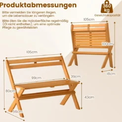 Klappbare Sitzbank aus Akazienholz bis 360 kg Belastbar 2-Sitzer Balkonbank Gartenbank