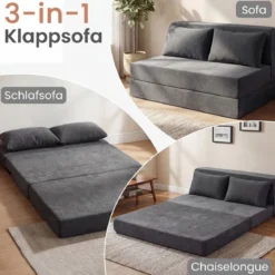 Klappbares Schlafsofa 3 In 1 Chenille 2 Kissen für Wohnzimmer Schlafzimmer Home Office Grau