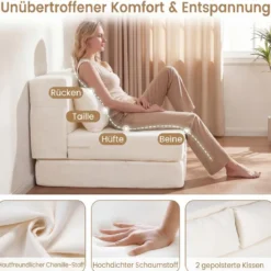 Klappbares Schlafsofa 3 In 1 Chenille 2 Kissen für Wohnzimmer Schlafzimmer Home Office Beige