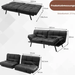 Klappbares Schlafsofa mit Schlaffunktion Schlafcouch mit Verstellbarer Rückenlehne Braun Schwarz