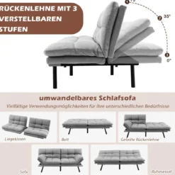 Klappbares Schlafsofa mit Schlaffunktion Schlafcouch mit Verstellbarer Rückenlehne Grau