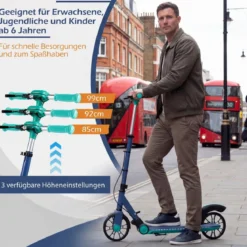 Klappbar Roller Scooter mit 2 Leuchtenden Rädern & Ständer Höhenverstellbar Tretroller Grün