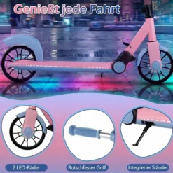 Klappbar Roller Scooter mit 2 Leuchtenden Rädern & Ständer Höhenverstellbar Tretroller Rosa