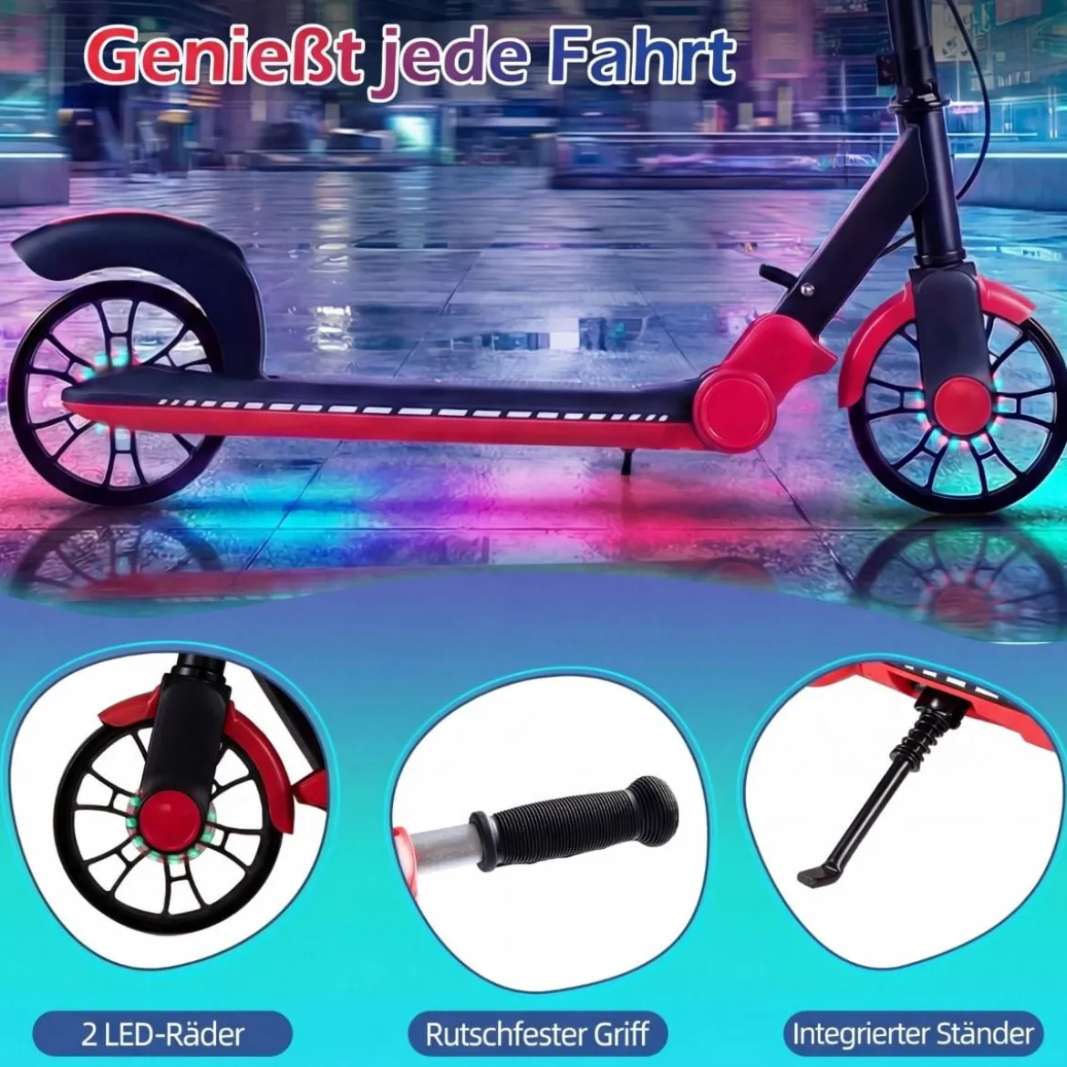 Klappbar Roller Scooter mit 2 Leuchtenden Rädern & Ständer Höhenverstellbar Tretroller Rot
