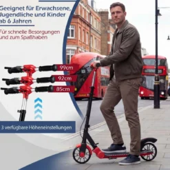 Klappbar Roller Scooter mit 2 Leuchtenden Rädern & Ständer Höhenverstellbar Tretroller Rot