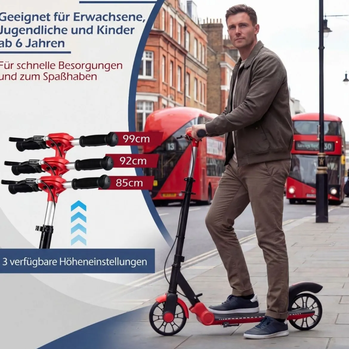 Klappbar Roller Scooter mit 2 Leuchtenden Rädern & Ständer Höhenverstellbar Tretroller Rot
