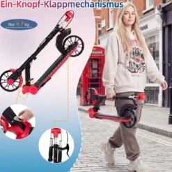 Klappbar Roller Scooter mit 2 Leuchtenden Rädern & Ständer Höhenverstellbar Tretroller Rot