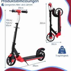 Klappbar Roller Scooter mit 2 Leuchtenden Rädern & Ständer Höhenverstellbar Tretroller Rot