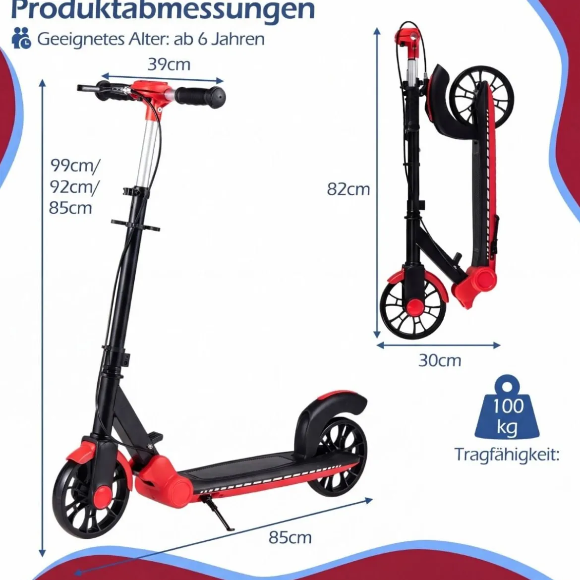 Klappbar Roller Scooter mit 2 Leuchtenden Rädern & Ständer Höhenverstellbar Tretroller Rot