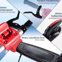 Klappbar Roller Scooter mit 2 Leuchtenden Rädern & Ständer Höhenverstellbar Tretroller Rot