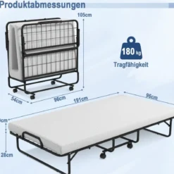 Klappbett mit Memory-Schaum-Matratze & Stabilem Metallrahmen Tragbares Rollbett