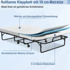 Klappbett mit Memory-Schaum-Matratze & Stabilem Metallrahmen Tragbares Rollbett