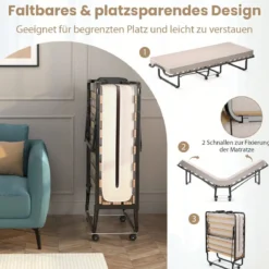 Klappbett Rollbett mit luxuriöser Matratze 200 x 90 x 41 cm Beige Hergestellt in Italien Herkunft: Italien
