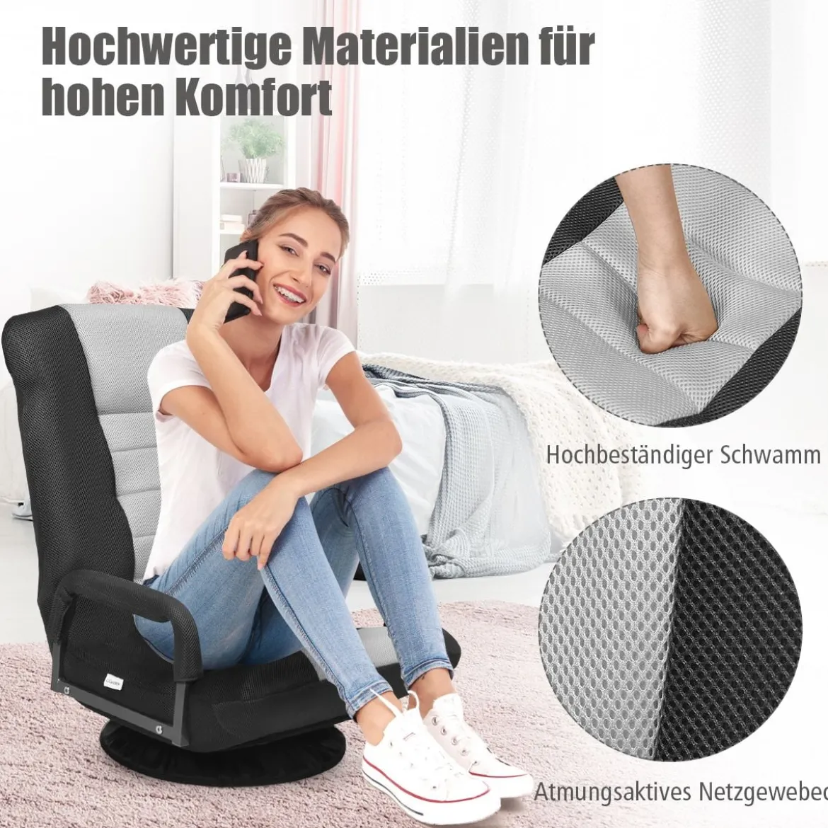 Klapp-Fußbodensessel Verstellbarer 6-Positionen-Bodenstuhl 61-87 x 55 x 75 cm Grau + Schwarz
