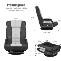 Klapp-Fußbodensessel Verstellbarer 6-Positionen-Bodenstuhl 61-87 x 55 x 75 cm Grau + Schwarz