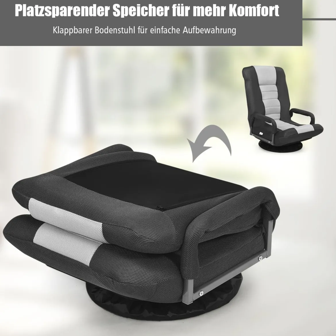 Klapp-Fußbodensessel Verstellbarer 6-Positionen-Bodenstuhl 61-87 x 55 x 75 cm Grau + Schwarz