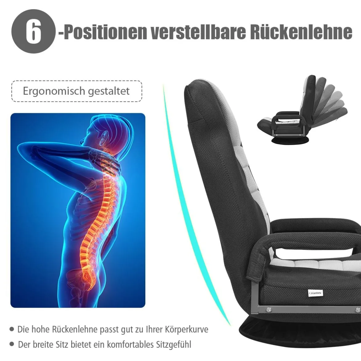 Klapp-Fußbodensessel Verstellbarer 6-Positionen-Bodenstuhl 61-87 x 55 x 75 cm Grau + Schwarz