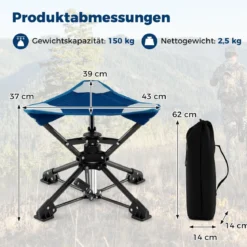 Klapphocker faltbar 360° drehbarer Campinghocker Falthocker mit Anti-Sink-Füßen & Tragetasche Blau
