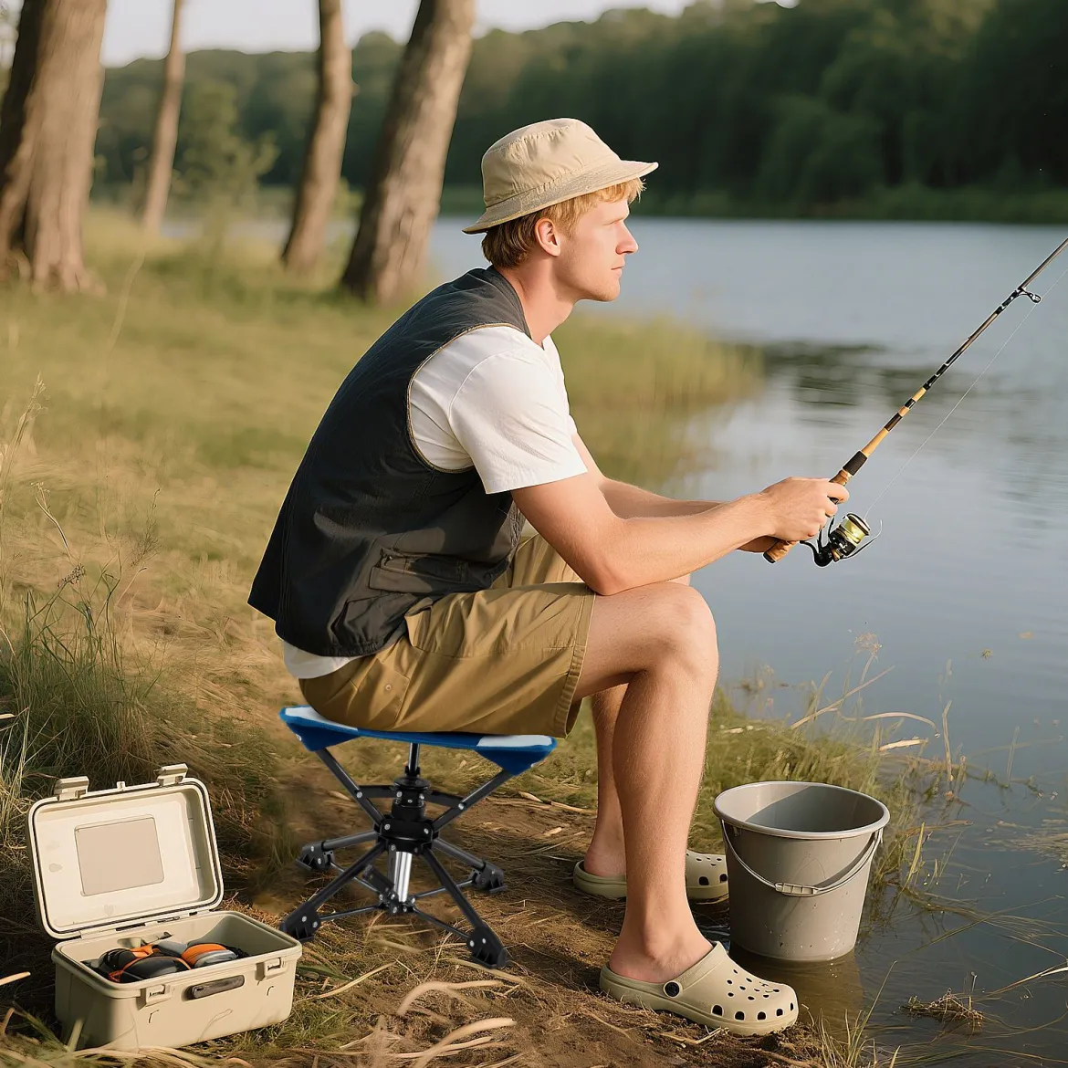 Klapphocker faltbar 360° drehbarer Campinghocker Falthocker mit Anti-Sink-Füßen & Tragetasche Blau