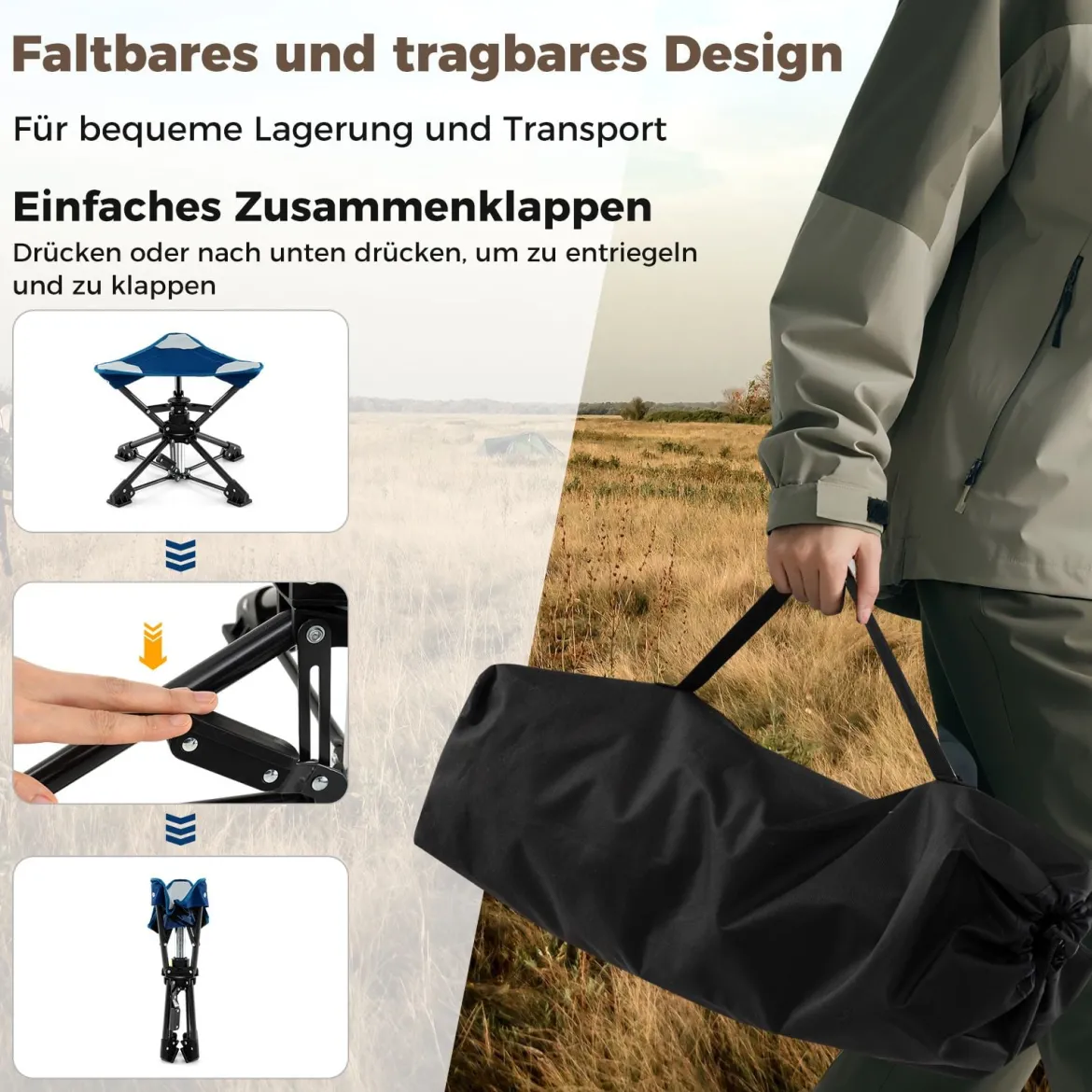 Klapphocker faltbar 360° drehbarer Campinghocker Falthocker mit Anti-Sink-Füßen & Tragetasche Blau