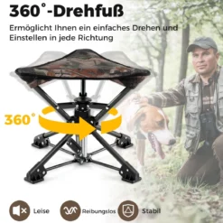 Klapphocker faltbar 360° drehbarer Campinghocker Falthocker mit Anti-Sink-Füßen & Tragetasche Tarnung