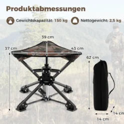Klapphocker faltbar 360° drehbarer Campinghocker Falthocker mit Anti-Sink-Füßen & Tragetasche Tarnung