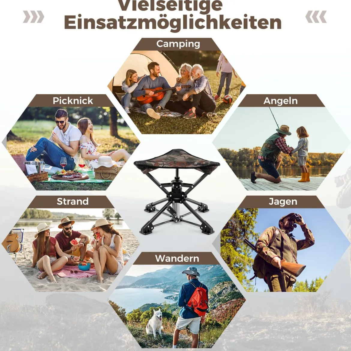Klapphocker faltbar 360° drehbarer Campinghocker Falthocker mit Anti-Sink-Füßen & Tragetasche Tarnung