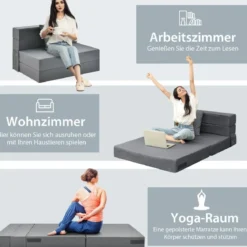 Klappmatratze mit Kissen aus Schaumstoff 15cm dick Schlafsofa mit Waschbarem Bezug 190 x 100 x 15 cm Grau