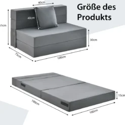 Klappmatratze mit Kissen aus Schaumstoff 15cm dick Schlafsofa mit Waschbarem Bezug 190 x 100 x 15 cm Grau